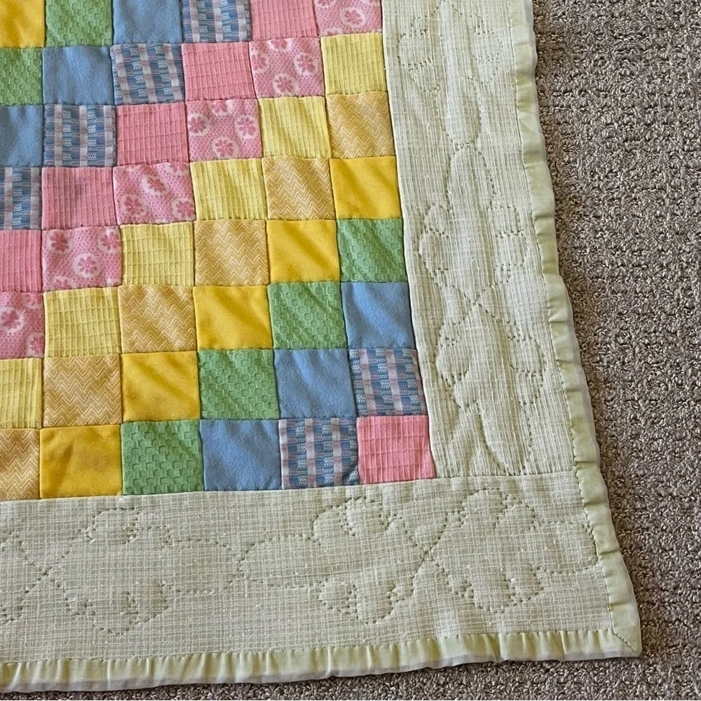 Pastel Baby Quilt Handmade Patchwork Satin Edge Crib Blanket Easter Pink Green